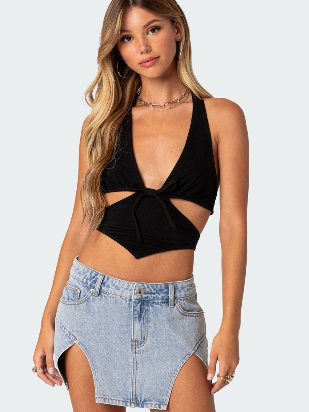 NWT Edikted Black Cutout Tie-Front Halter Crop Top
